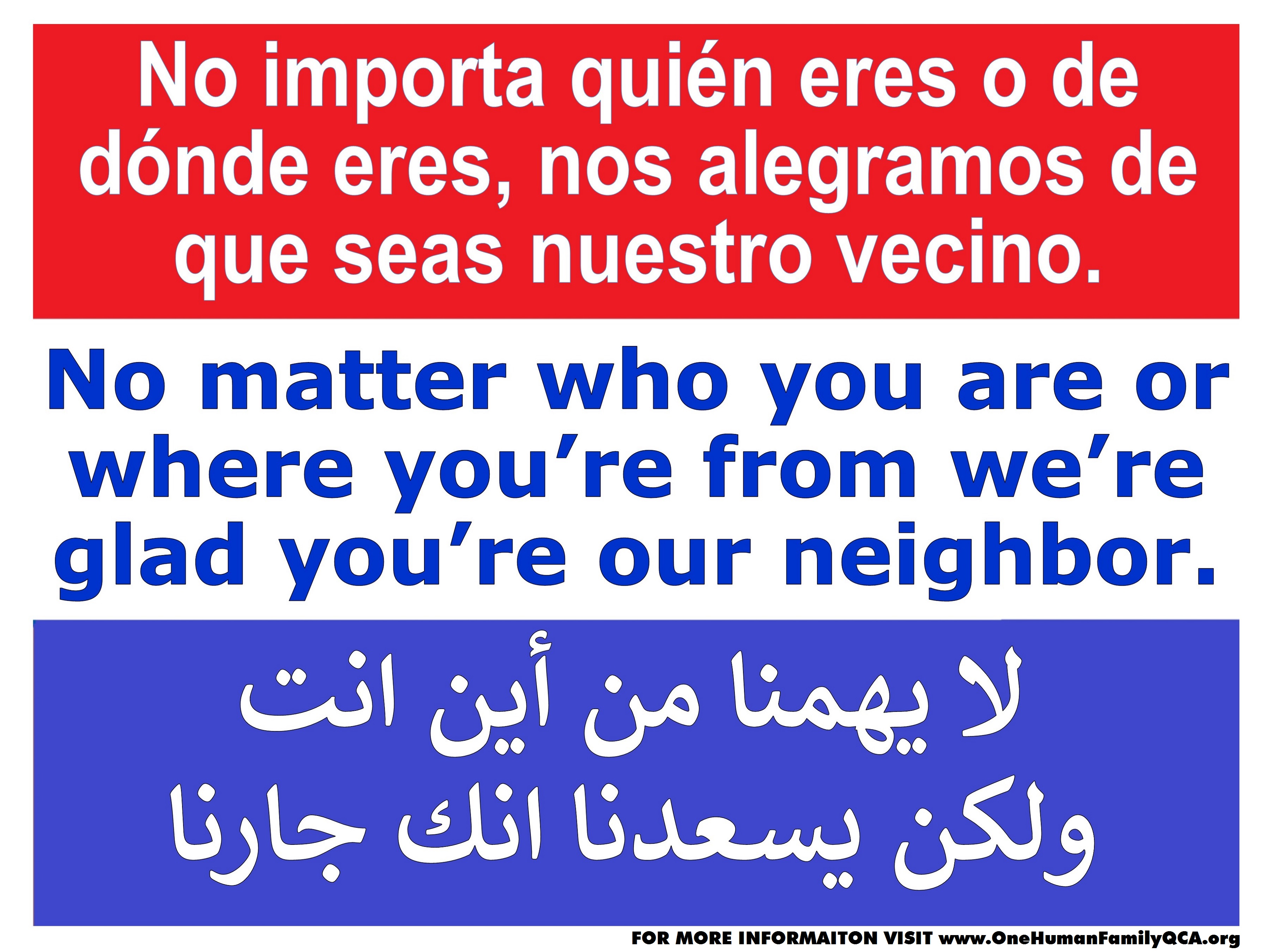 Lawn sign that welcomes neighbors in Spanish, English, and Arabic